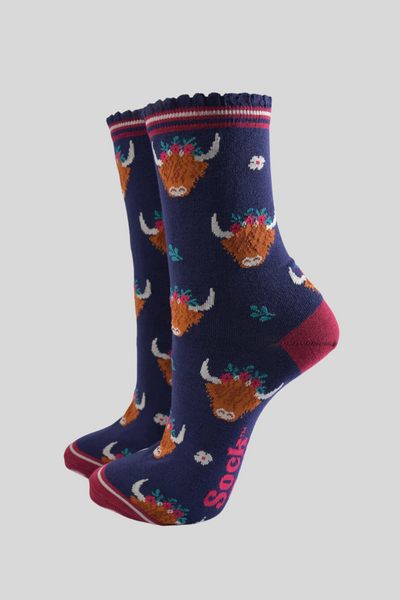 Navy Highland Cow Socks