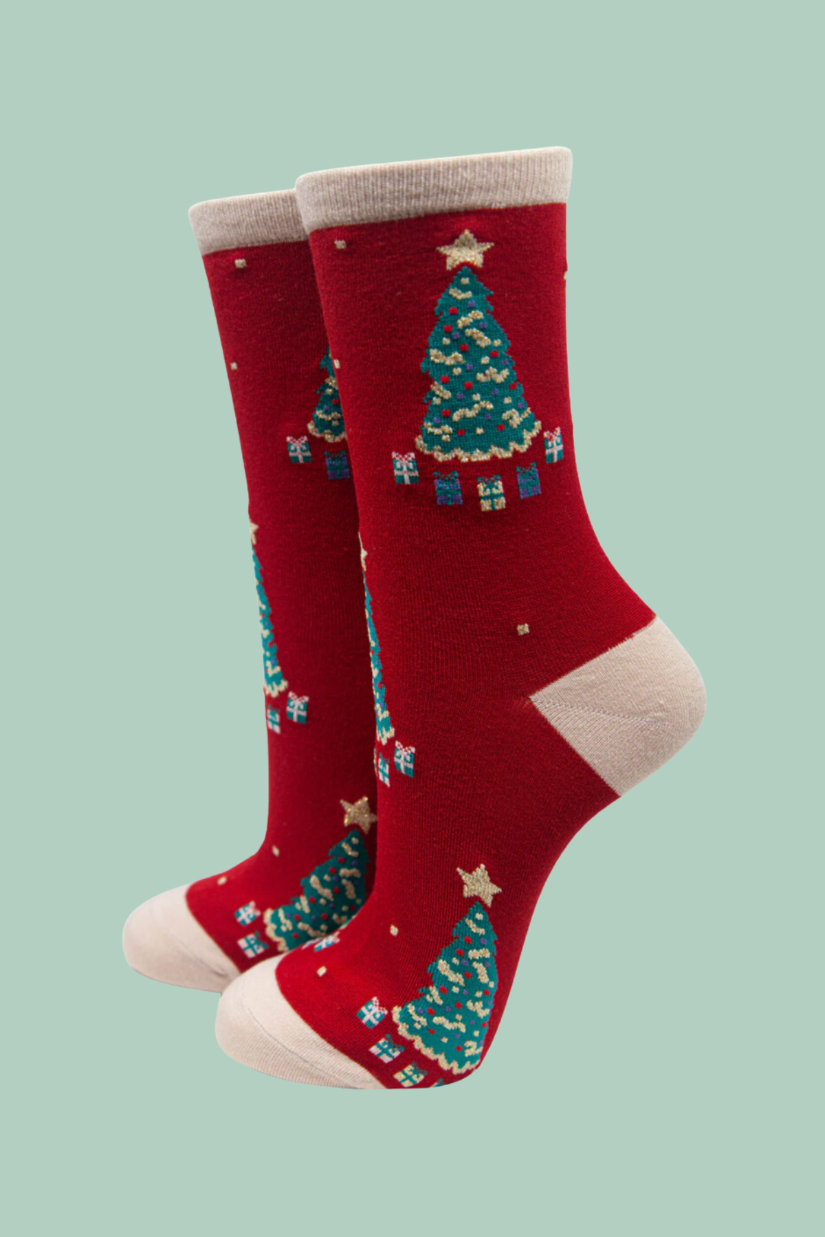 Red Christmas Tree Print Bamboo Socks