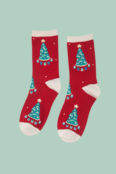 Red Christmas Tree Print Bamboo Socks