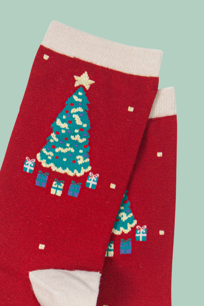 Red Christmas Tree Print Bamboo Socks