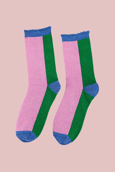 Block Green/Pink Scalloped Glitter Socks