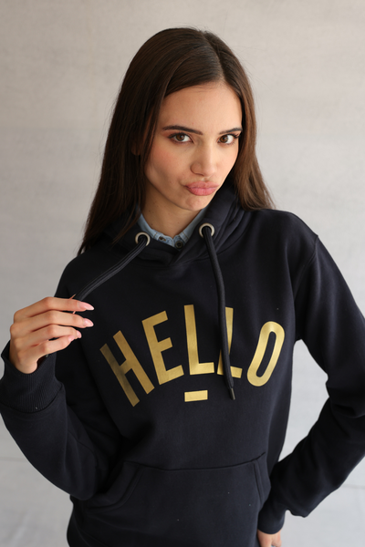 Metallic Gold Hello Navy Hoodie