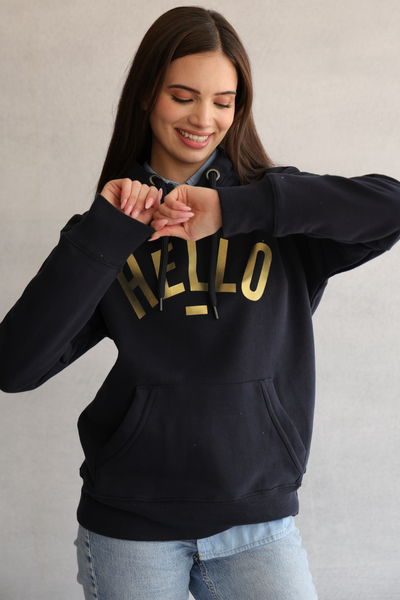 Metallic Gold Hello Navy Hoodie