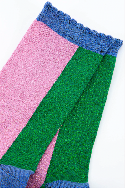 Block Green/Pink Scalloped Glitter Socks