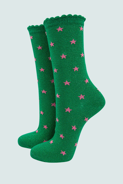 Green Star Print Glitter Socks