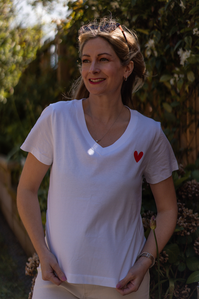 Red Heart White V Neck T-Shirt