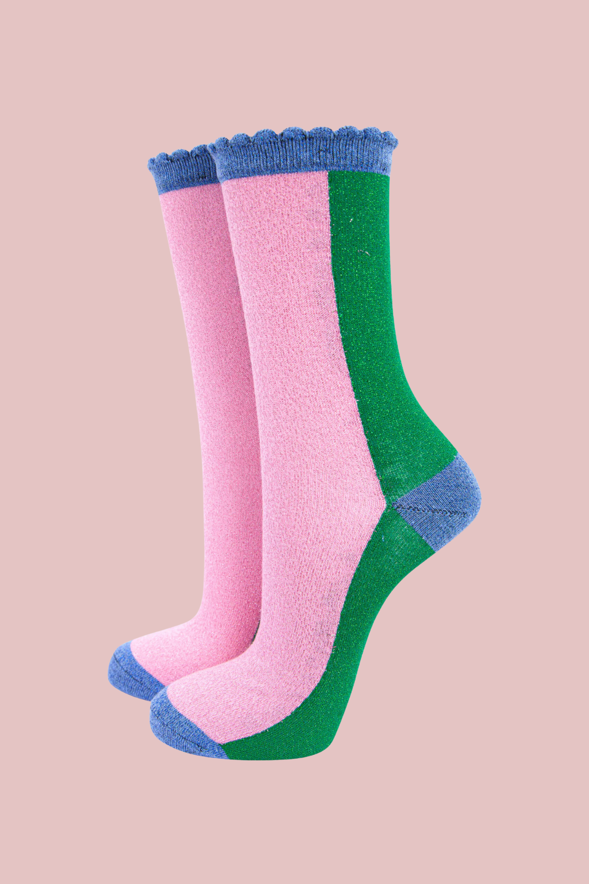 Block Green/Pink Scalloped Glitter Socks