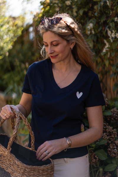 Navy V Neck Heart T-Shirt