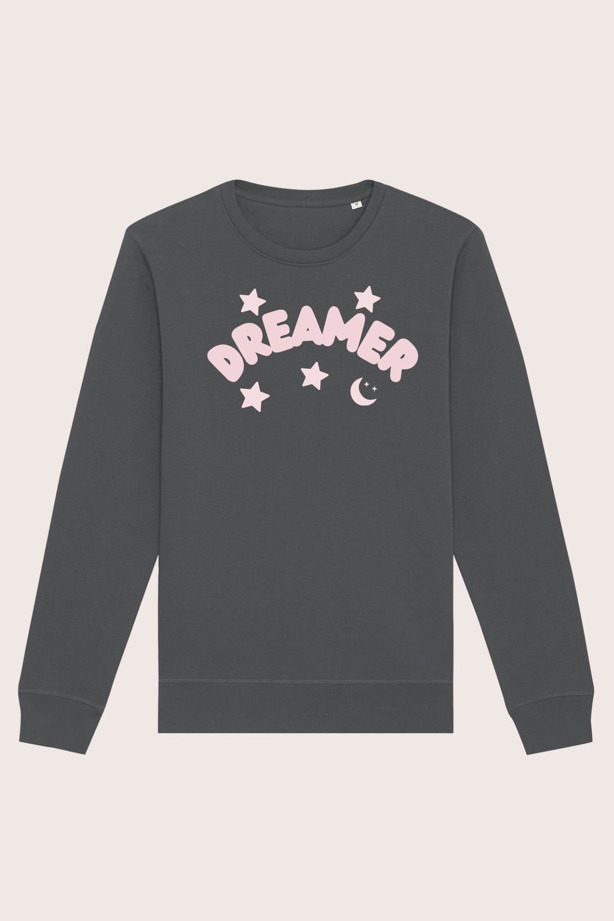 Dark gray sweatshirt with 'DREAMER' printed in pink on a light beige background