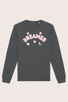 Dark gray sweatshirt with 'DREAMER' printed in pink on a light beige background