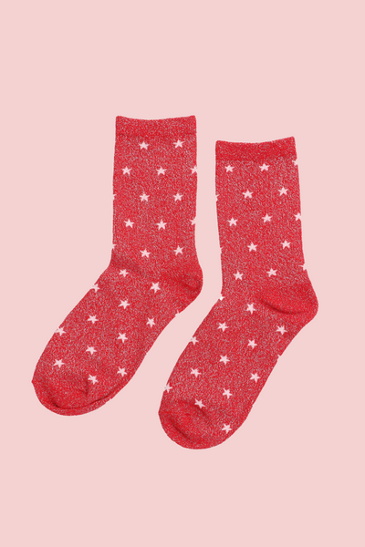 Red White Star Print Glitter Socks