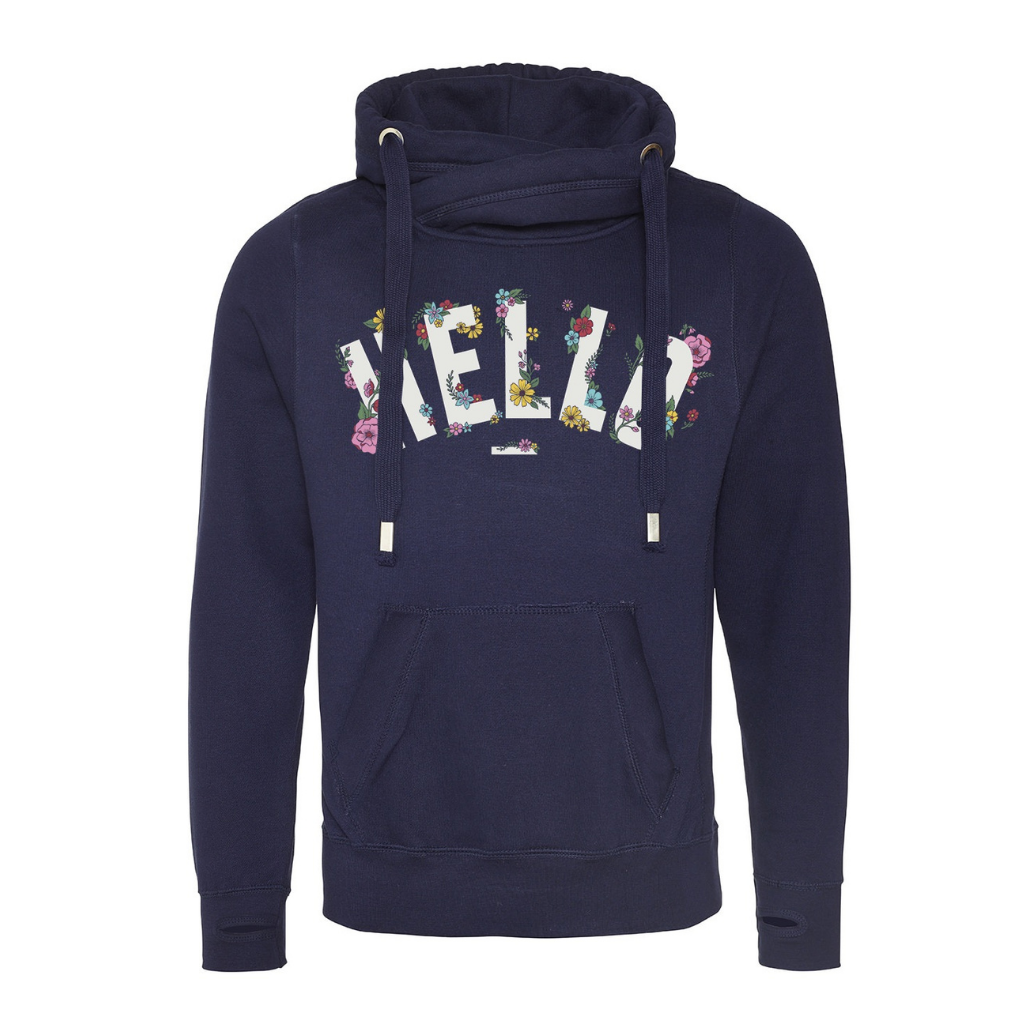 Navy Floral Hello Cowl Neck Hoodie