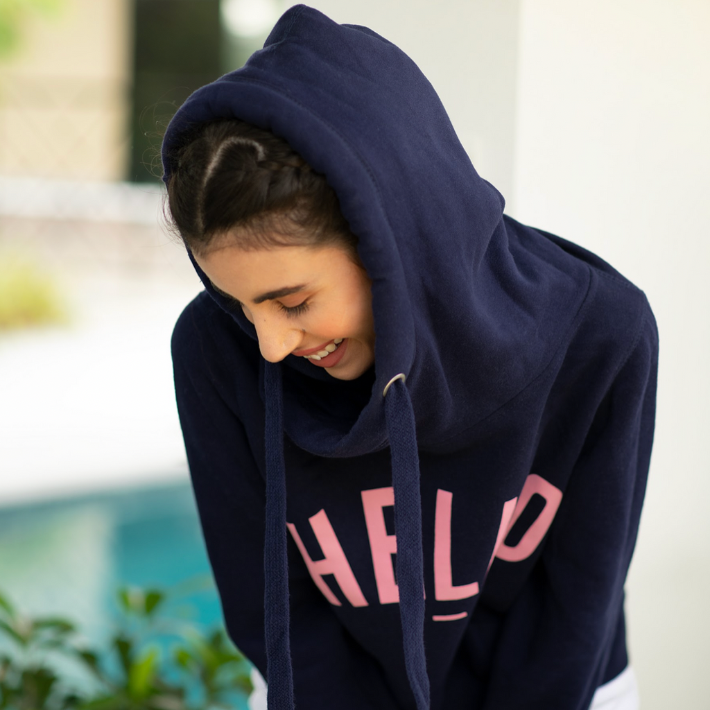 Navy Pink Hello Cowl Neck Hoodie Hari And The Gang