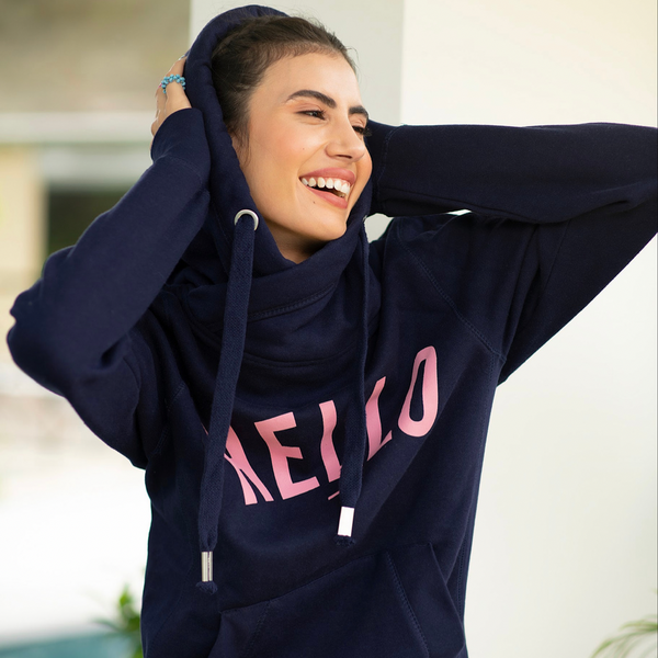 Navy Pink Hello Cowl Neck Hoodie – Hari And The Gang