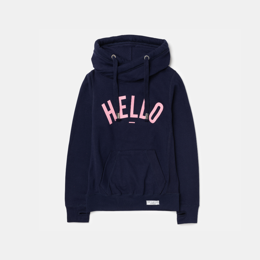 Navy Pink Hello Cowl Neck Hoodie Hari And The Gang